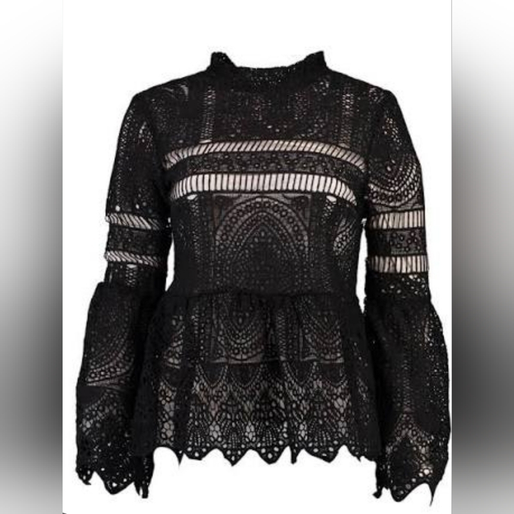 Boohoo Black Crotchet Lace Longsleeve Bell Sleeve Peplum Top Size 6 - Picture 3 of 11